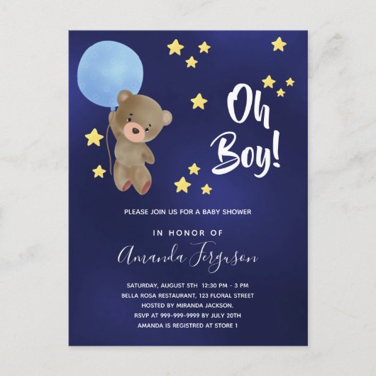ベビーシャワー男の子テディベアのネイビーブルー星 インビテーションポストカード (正面)