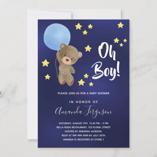 ベビーシャワー男の子テディベアのネイビーブルー星 招待状 (正面)