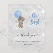 ベビーシャワー男の子テディベア銀サンキューカード (正面/裏面)