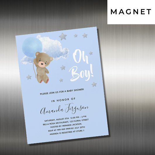 ベビーシャワー男の子テディベア青い星ラグジュアリー マグネット招待状
