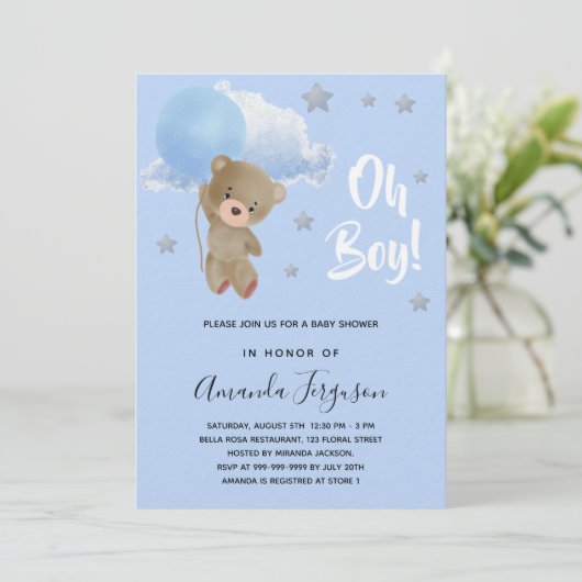 ベビーシャワー男の子テディベア青い星ラグジュアリー 招待状 (スタンド正面)