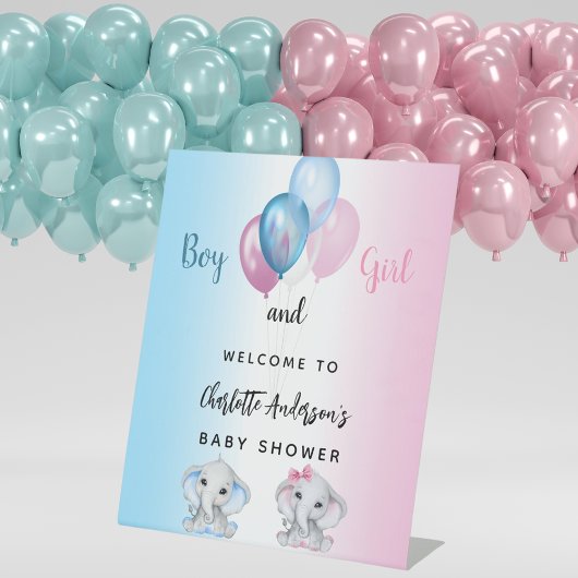 ベビーシャワー男の子ブルーピンクの象へようこそ 台座サイン