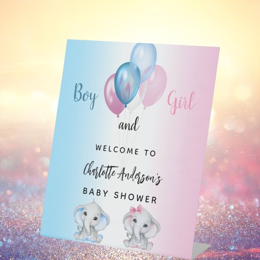 ベビーシャワー男の子ブルーピンクの象へようこそ 台座サイン