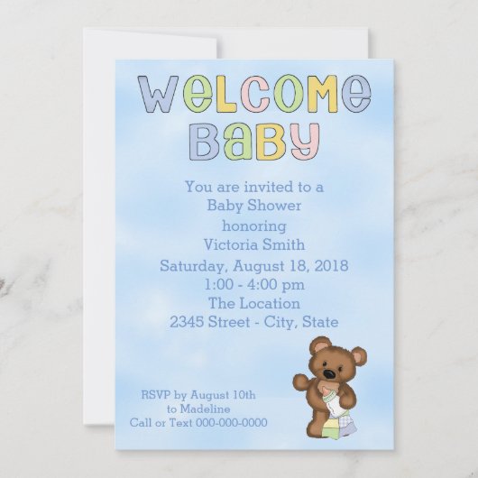 ベビーシャワー男の赤ちゃんテディベア 招待状 (正面)