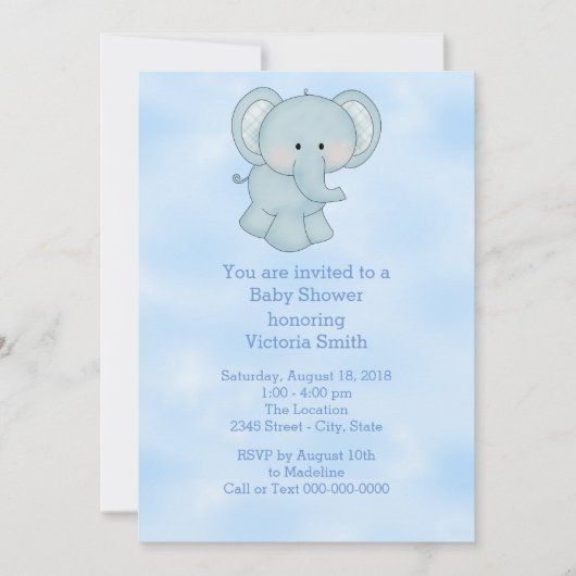 ベビーシャワー男の赤ちゃんブルーエレファント 招待状 (正面)