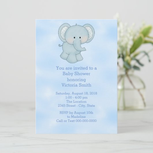 ベビーシャワー男の赤ちゃんブルーエレファント 招待状 (スタンド正面)