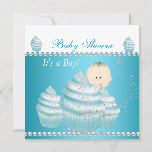 ベビーシャワー男の赤ちゃんブルーカップケーキスプリンクル 招待状 (正面)