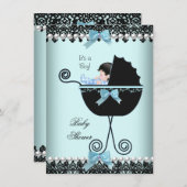 ベビーシャワー男の赤ちゃんブルーティール(緑がかった色)ブラックレース2 招待状 (正面/裏面)