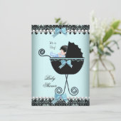 ベビーシャワー男の赤ちゃんブルーティール(緑がかった色)ブラックレース2 招待状 (スタンド正面)