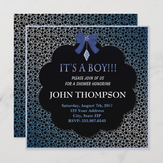 ベビーシャワー男の赤ちゃんブルーリボン装飾カード 招待状 (正面/裏面)