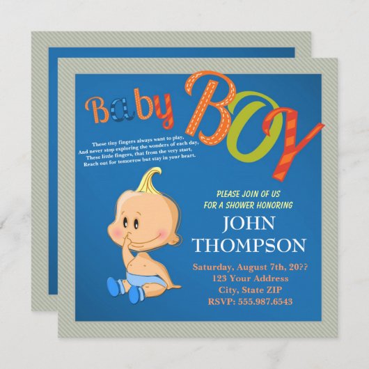 ベビーシャワー男の赤ちゃん青おもしろい指カード 招待状 (正面/裏面)