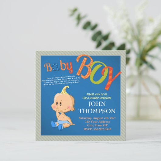 ベビーシャワー男の赤ちゃん青おもしろい指カード 招待状 (スタンド正面)