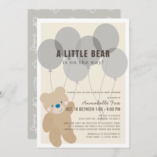 ベビーシャワー男女兼用のドライブ付きテディ 招待状 (正面/裏面)