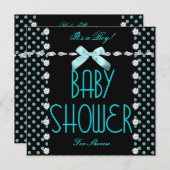 ベビーシャワー男子 ティールブルー 黒 白 水玉模様 招待状 (正面/裏面)