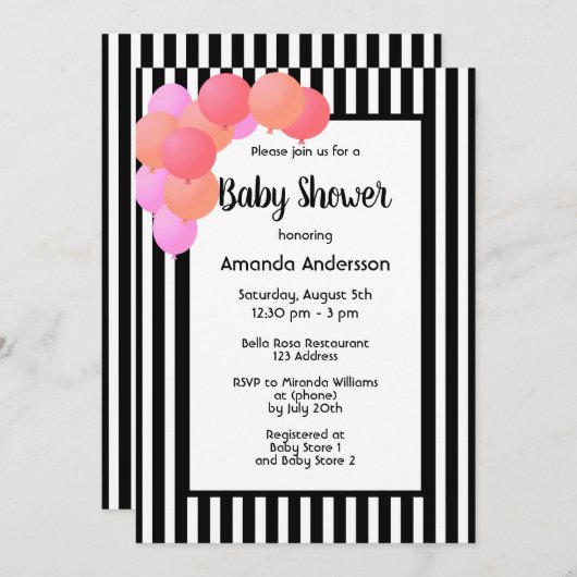 ベビーシャワー白黒ストライプバルーンアーチピンク 招待状 (正面/裏面)