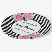 ベビーシャワー白黒ストライプピンクのバラ ペーパープレート (アングル)