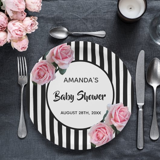 ベビーシャワー白黒ストライプピンクのバラ ペーパープレート