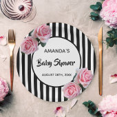 ベビーシャワー白黒ストライプピンクのバラ ペーパープレート