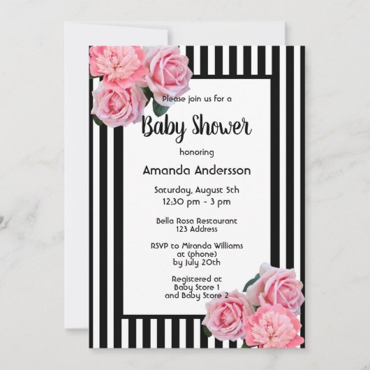 ベビーシャワー白黒ストライプピンクの花 招待状 (正面)