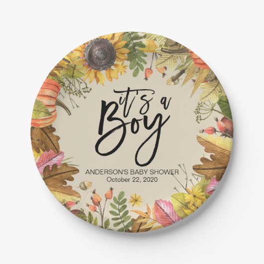 ベビーシャワー秋メープル葉パンプキンスサンフラワー ペーパープレート (正面)