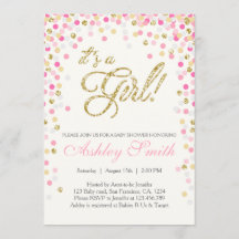 ベビーシャワー紙吹雪ピンク金ゴールドグリッター招待状