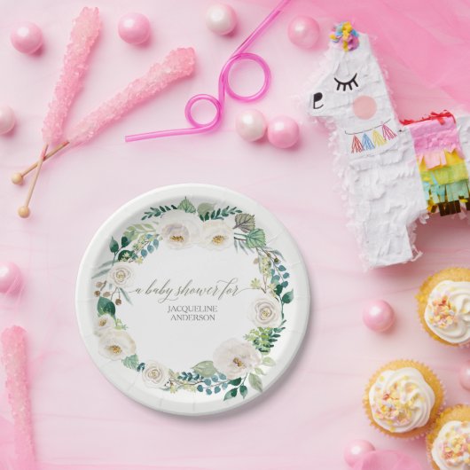 ベビーシャワー素朴リースアラバスターホワイトローズ ペーパープレート (パーティー)