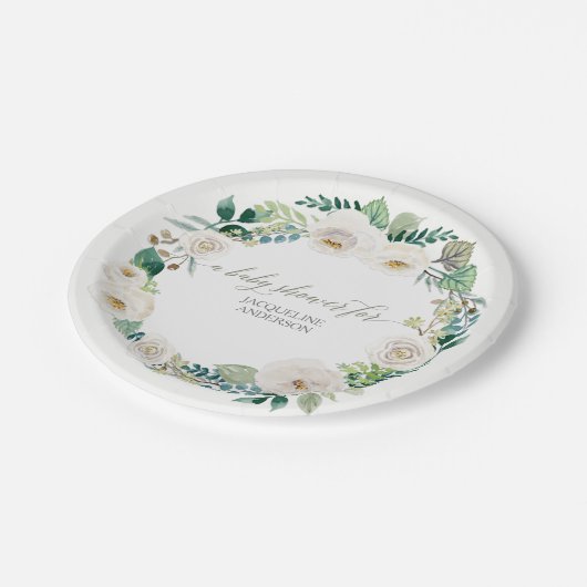 ベビーシャワー素朴リースアラバスターホワイトローズ ペーパープレート (アングル)