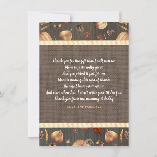 ベビーシャワー素朴秋カボチャかわいいサンキュー サンキューカード (裏面)