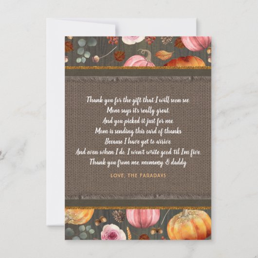 ベビーシャワー素朴秋カボチャかわいいサンキュー サンキューカード (裏面)