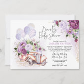 ベビーシャワー経由のビンテージカーパープルフローラドライブ 招待状 (正面)