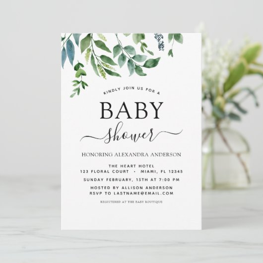 ベビーシャワー緑の植物水色 招待状 (スタンド正面)