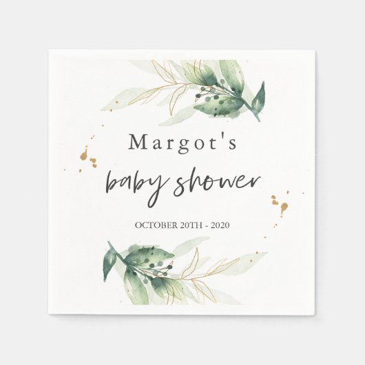 ベビーシャワー緑地と金ゴールドでドライブ スタンダードカクテルナプキン (正面)
