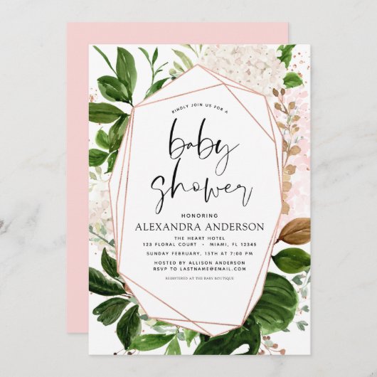 ベビーシャワー緑色植物幾何学 招待状 (正面/裏面)