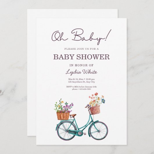 ベビーシャワー自転車ベビーシャワーフローラベビー 招待状 (正面/裏面)