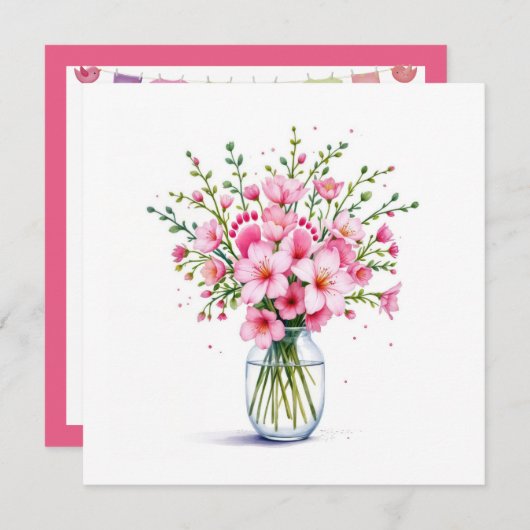 ベビーシャワー花束とベビー足 招待状 (正面/裏面)