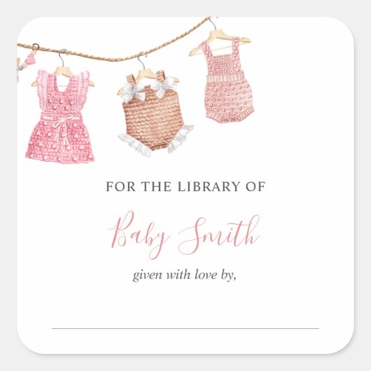 ベビーシャワー蔵書票ピンクガール スクエアシール (正面)