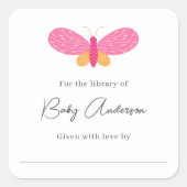 ベビーシャワー蔵書票ピンクバタフライ スクエアシール (正面)