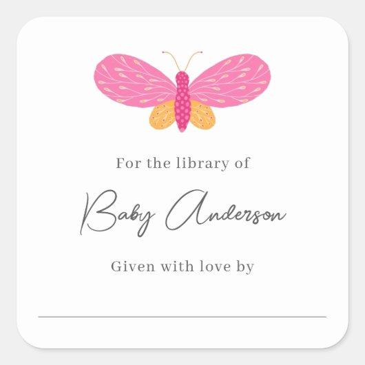 ベビーシャワー蔵書票ピンクバタフライ スクエアシール (正面)