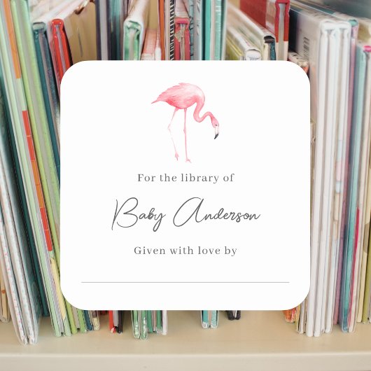 ベビーシャワー蔵書票フラミンゴ スクエアシール