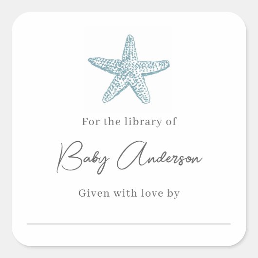 ベビーシャワー蔵書票ブルーヒトデ スクエアシール (正面)