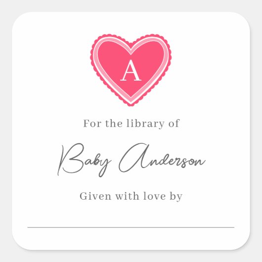 ベビーシャワー蔵書票モノグラムハート スクエアシール (正面)