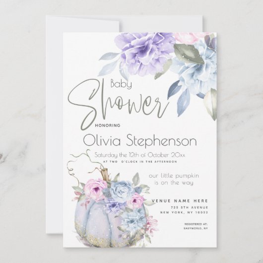 ベビーシャワー薄紫ブルーパンプキンピーニーフローラインビタ 招待状 (正面)