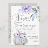 ベビーシャワー薄紫ブルーパンプキンピーニーフローラインビタ 招待状 (正面/裏面)