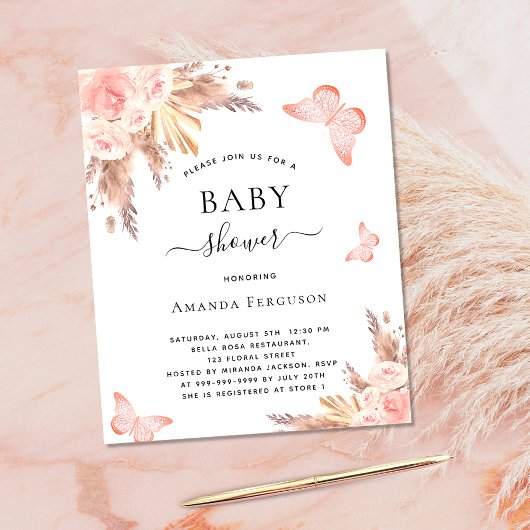 ベビーシャワー蝶のパンパス予算招待状 チラシ