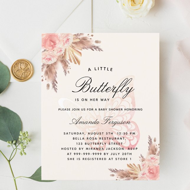 ベビーシャワー蝶ピンクのベージュのパンパの招待 (クリエイターアップロード済み)