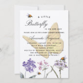 ベビーシャワー蝶ワイルドフラワーバイオレットピンクの女の子 招待状 (正面)