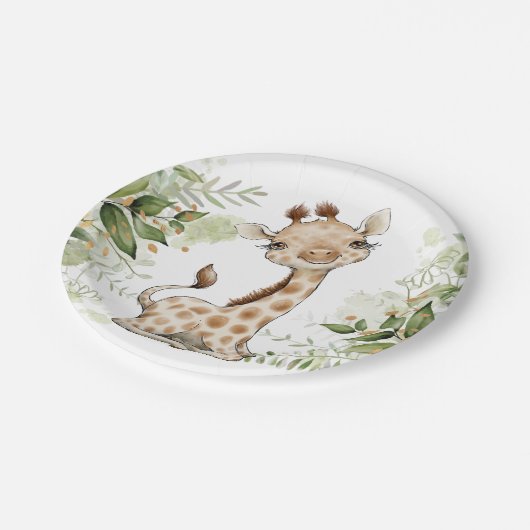 ベビーシャワー誕生日かわいいキリン緑 ペーパープレート (アングル)