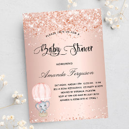 ベビーシャワー象の女の子バラ熱気球 インビテーションポストカード