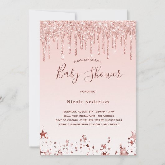 ベビーシャワー赤面バラ金ゴールドグリッタースター 招待状 (正面)