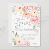 ベビーシャワー赤面ピンクとアイボリー牡丹 招待状 (正面)